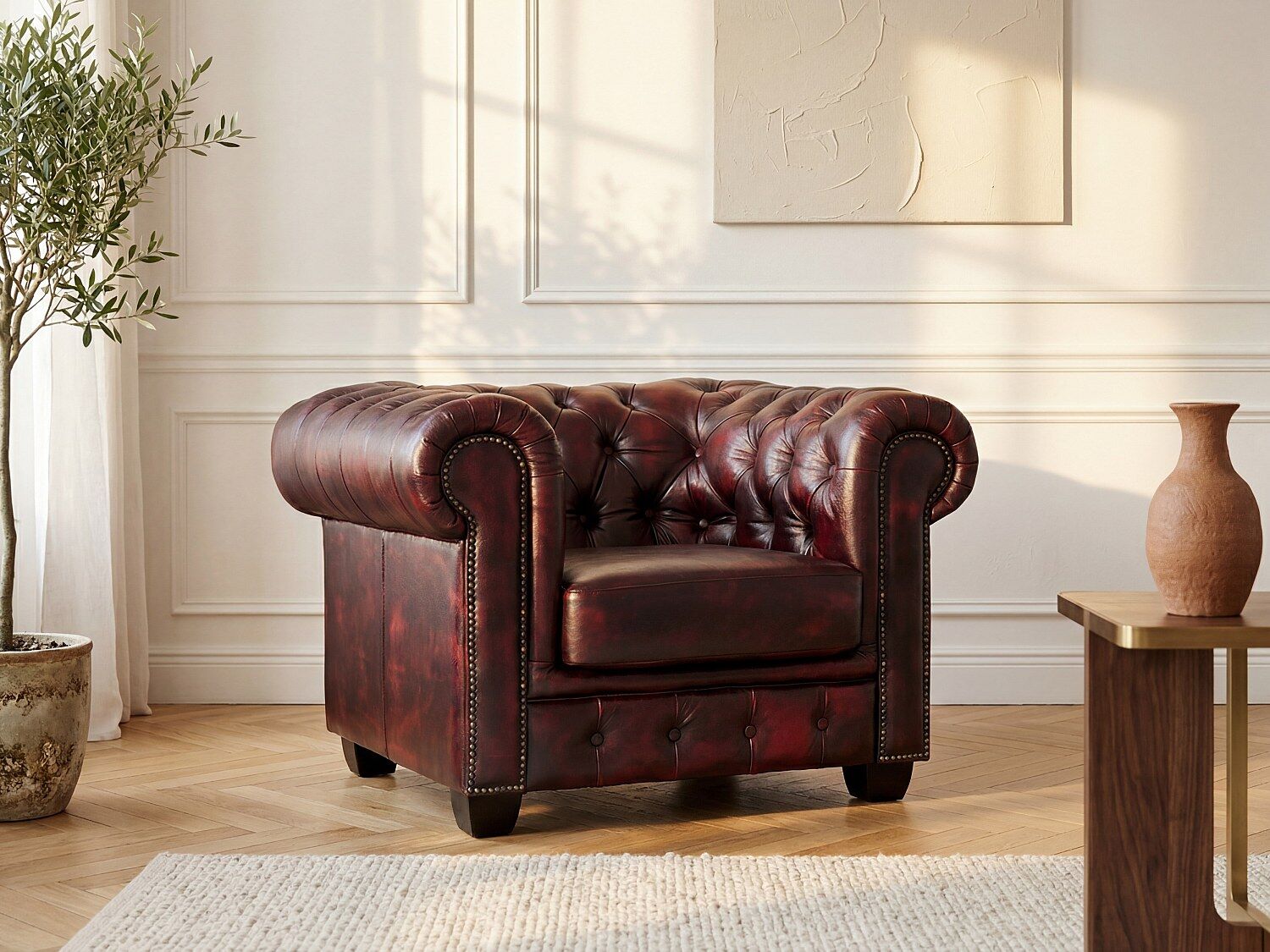 Vente-unique Fauteuil chesterfield BRENTON 100% buffelleer - cherry