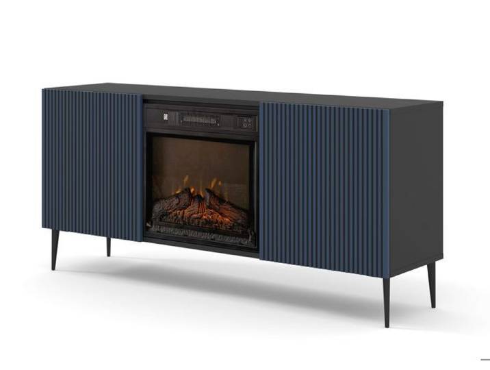 Meuble TV RAVENNA 2D 170 cm avec cheminée électrique noir mat / bleu marine