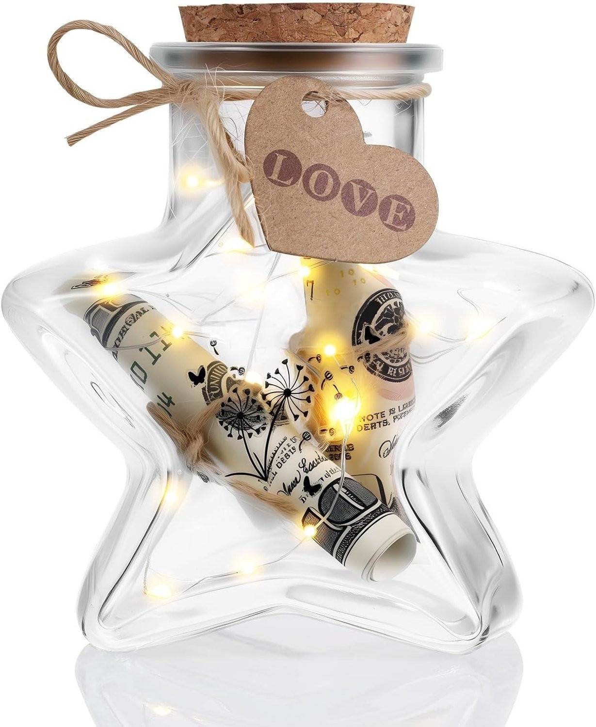 Sterrenvormige glazen drinkfles met kurksluiting en LED-verlichting voor decoratie en feestjes