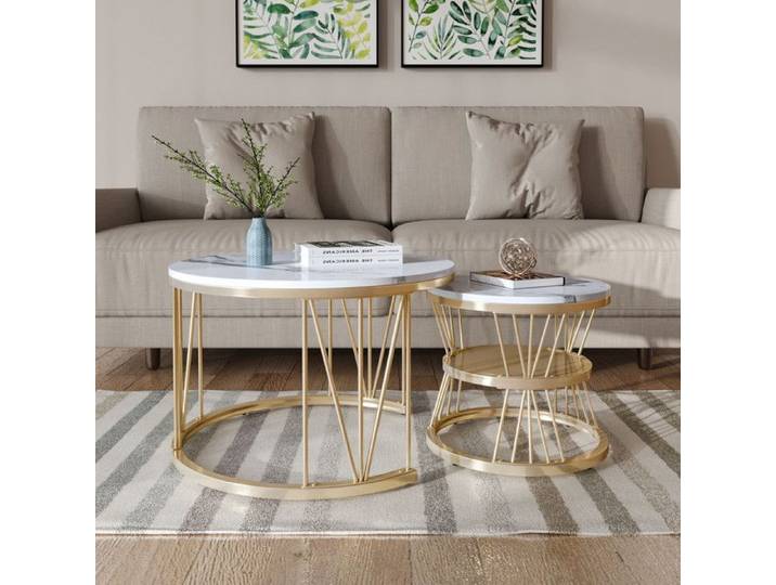 Table basse - Ronde nesting - Plateau marbre blanc imitation - Support métal doré - Double plateau gigogne