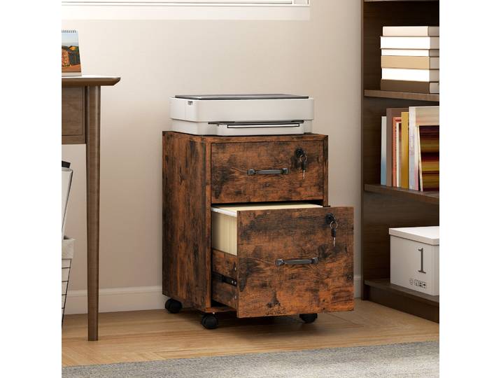 HOMCOM Caisson Bureau 2 Tiroirs Roulettes Rangement Marron