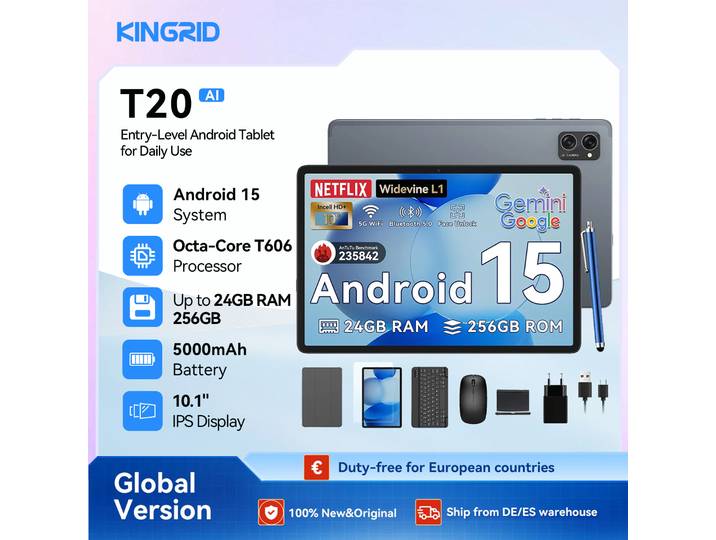 Tablette KINGRID T20 avec clavier - Tablette Android 15 de 10 pouces, 8 Go de RAM, 256 Go de ROM, Octa-Core, 5000 mAh, 8MP + 5MP, sans chargeur UE