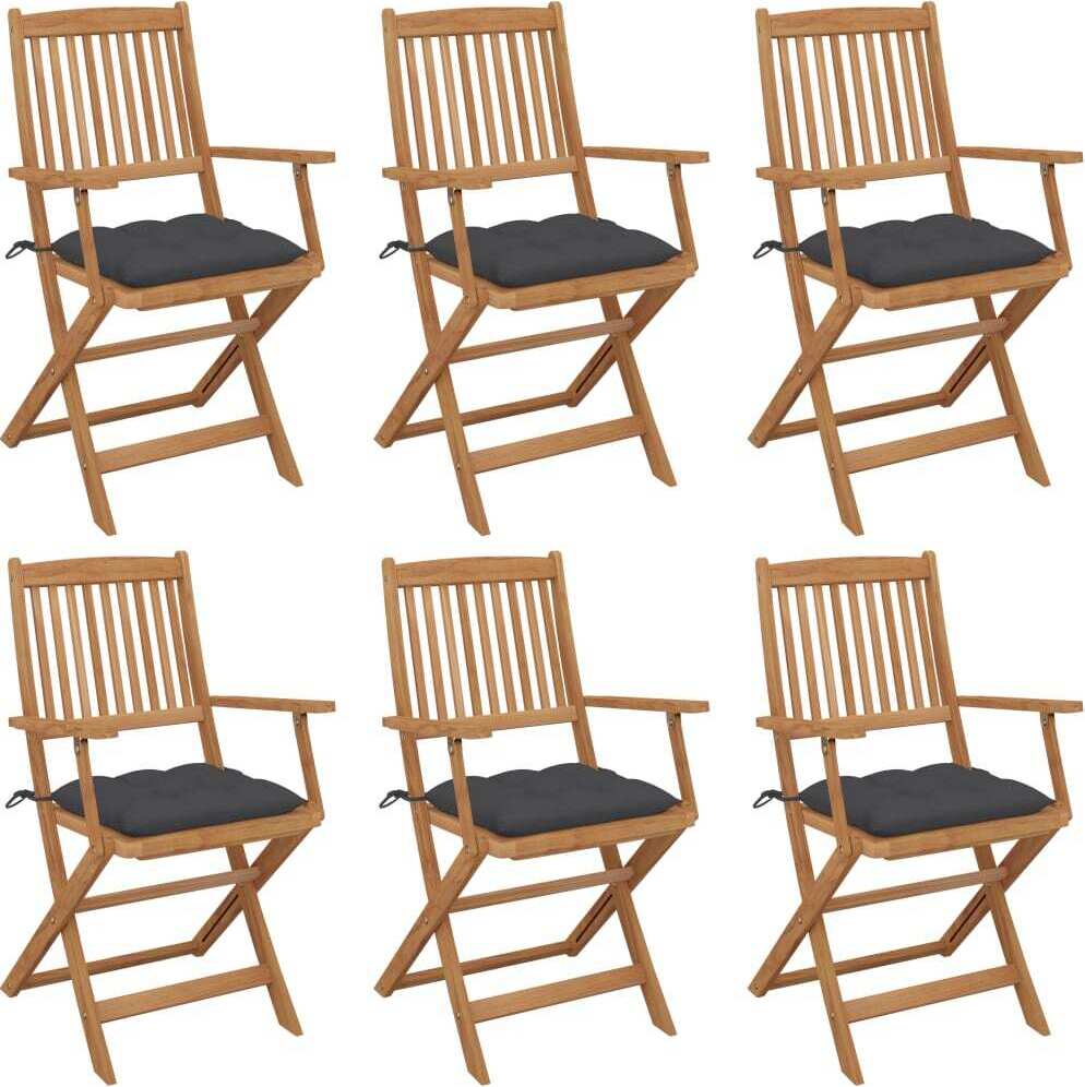 Garten Klappstühle 6er Set, Akazienholz massiv geölt, mit anthrazitfarbenen Sitzpolstern, 54x57x91 cm, bis 110 kg