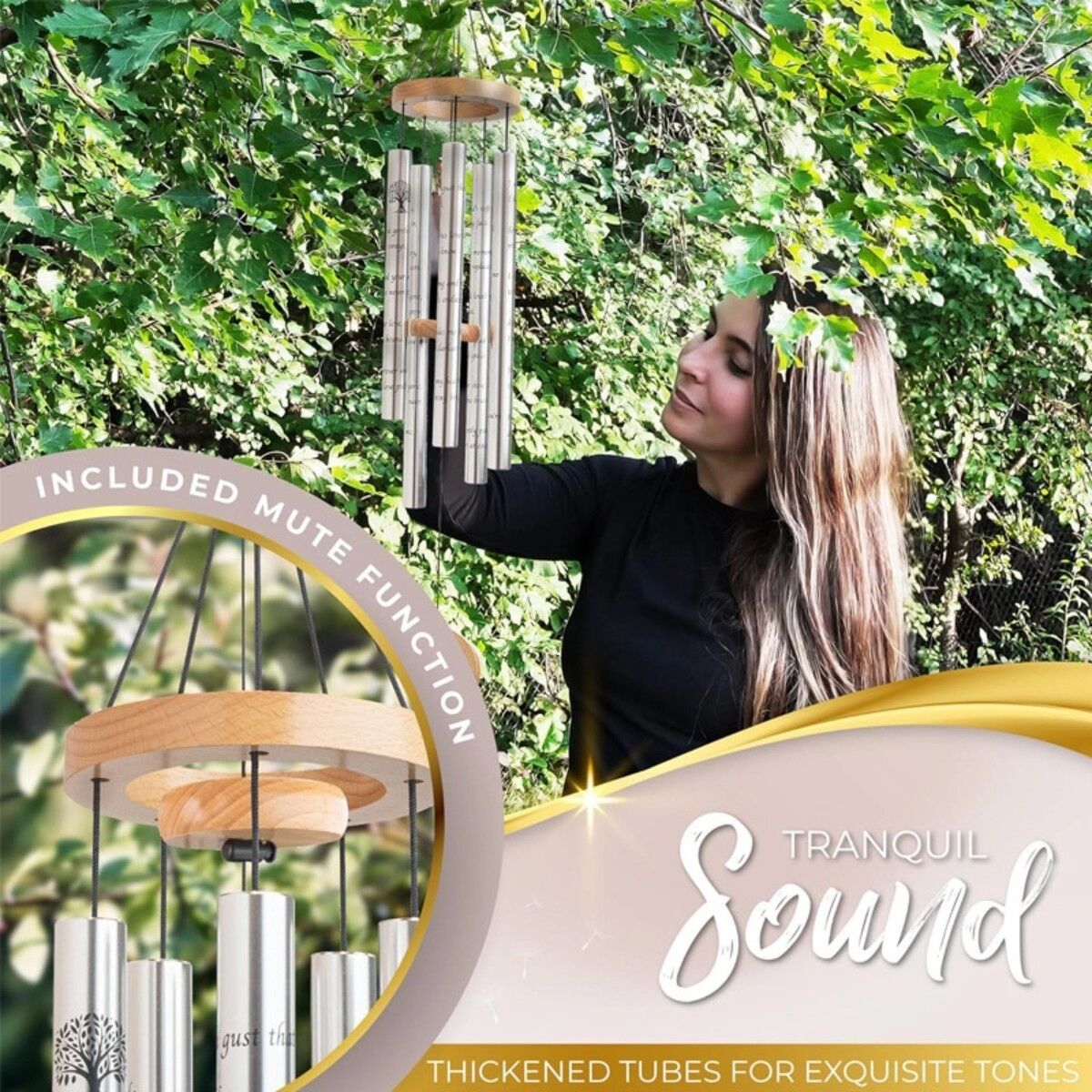 INF Carillon à tubes en aluminium argenté avec plateau en bois de pin et crochet en fer - Décoration jardin 82cm