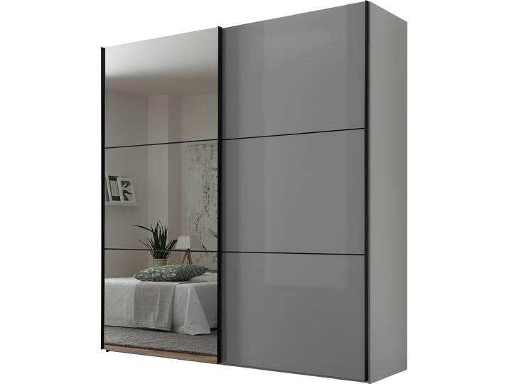 Schwebetürenschrank, 200x222 cm, Holzwerkstoff, Grau, 2 Glastüren & Soft-Close, Modern, Staud