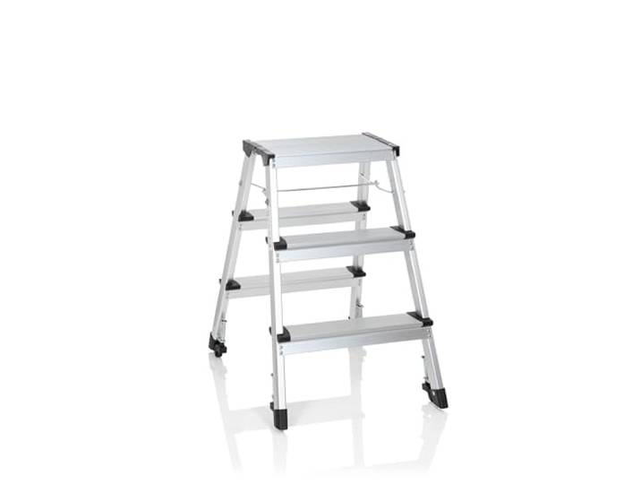 hjh OFFICE 830009 Trittleiter mit Rollen SOLID IV Aluminium Klapptritt mit 3 Stufen beidseitig begehbar, bis 150kg belastbar