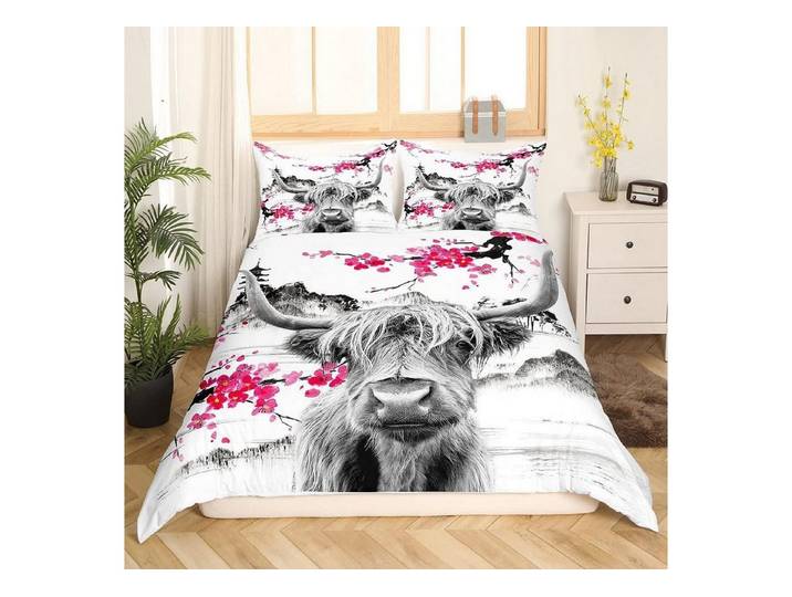 LuxusKollektion Kinderbettwäsche Bettwäsche Set Highland Kuh Blumen 135x200cm