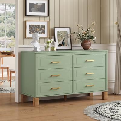 Ostweer 6-Drawer Double Dresser Storage Cabinet with with Metal Handles, Green Chest of Drawers Decorative Cabinet