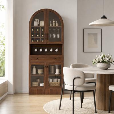 Fundinbaths 70 Inch Arched Bar Cabinet with 9 Wine Racks, Glass Holders, Drawer and Tempered Glass Doors