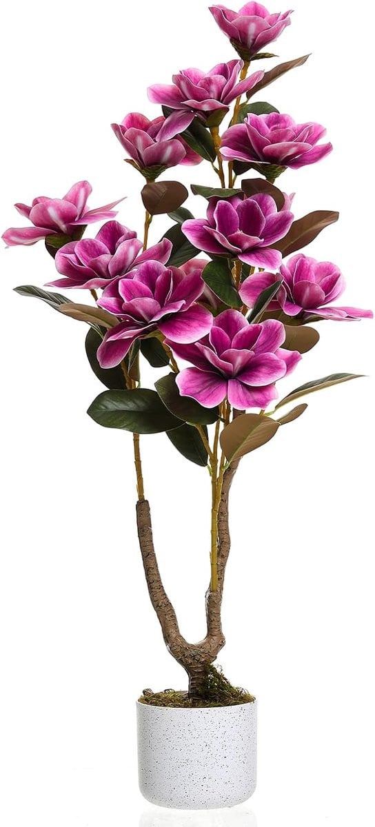 HOERFURIY Kunstbloesemboom Magnolia - Paarse kunstplant met pot - 95 cm hoog