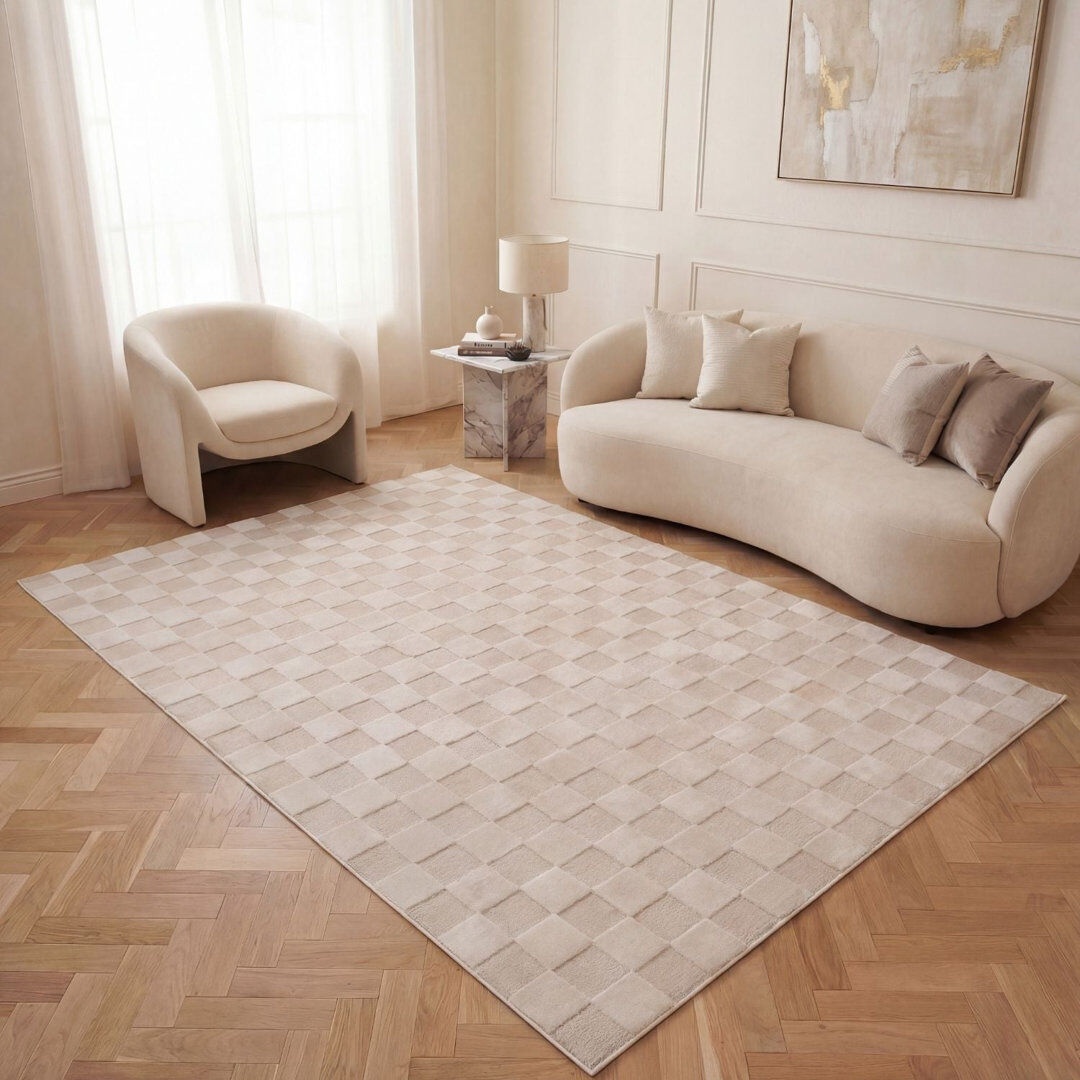 THE RUGS Loft Modern Checkerboard Living Room Area Rug and Runner Soft Pile Ivory Rectangle 120 x 170 cm