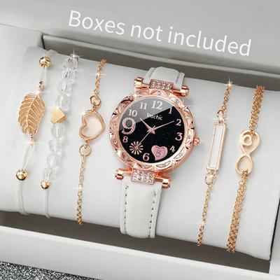 Uplift Essentials 6 Piece Fashion Heart Dial Watch Set Elegant Leather Band & Leaf Bracelet Collection white