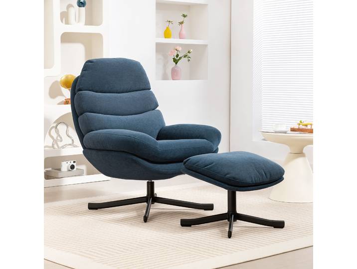 HOMCOM Fauteuil Relax Moderne avec Ottoman Tissu Bleu 78x93x100cm