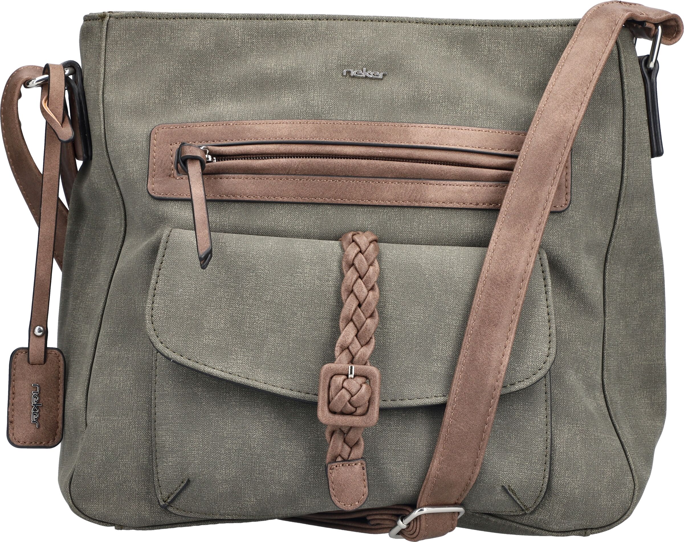 Umhängetasche RIEKER "Montenegro/Guana/Eagle", Damen, Gr. B/H/T: 30cm x 29cm x 12cm, grün (khaki, braun), Lederimitat, unifarben mit Farbeinsatz, Taschen Umhängetasche, Damen Schultertasche, Handtasche mit Zierschnalle und Flechtband khaki, braun B/H/T: 3