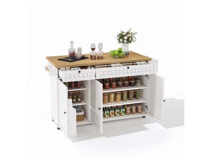 Îlot De Cuisine - Desserte De Cuisine Avec 2 Tiroirs Et Portes Et Table Pliante - Mdf - Blanc