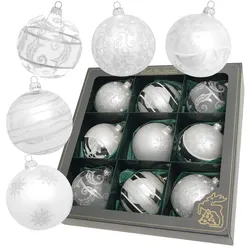 Krebs Glas Lauscha Silber/Satin-Silber, Glaskugelsortiment 10cm, 5 versch. Designs, mundgeblasen, handbemalt