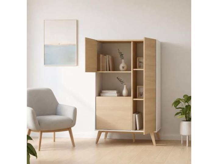 Dmora - Boario-Sideboard, hohes Wohnzimmer-Buffet, modernes Wohnzimmer-Sideboard mit 3 Türen, 81 x 43 x 135 cm, Eiche und Weiß