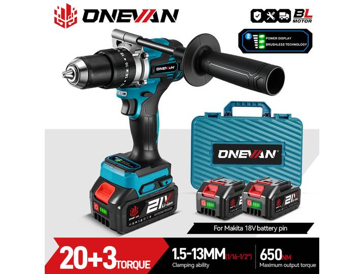 ONEVAN 13MM 650N.M perceuse à percussion électrique sans brosse 20 + 3 couple tournevis sans fil perceuse outil électrique pour Makita 18V batterie broche