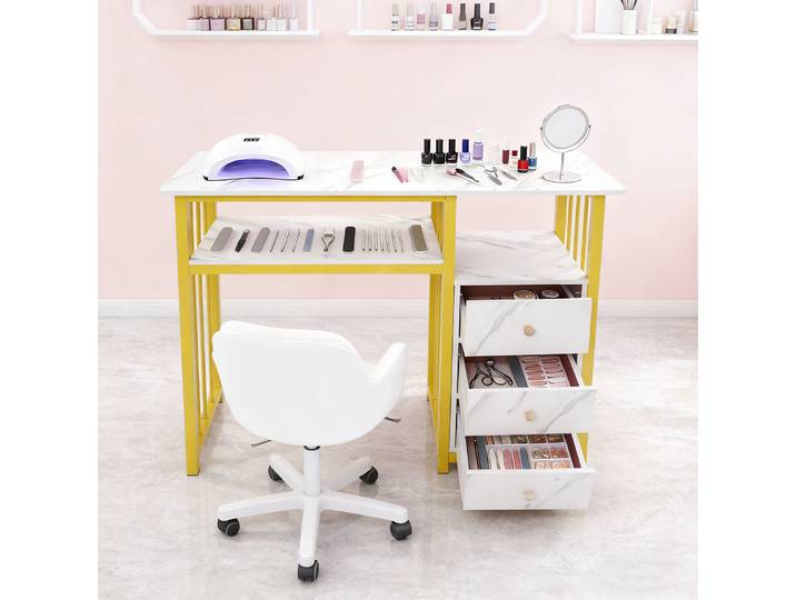 Table de manucure 100*40*76cm, bureau à ongles avec texture marbrée, table de manucure avec 3 tiroirs, table professionnelle pour salon de beauté