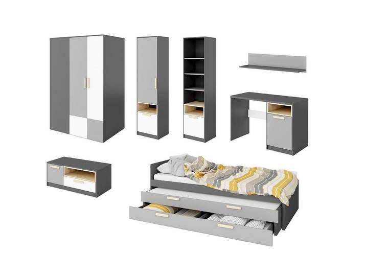 Feldmann-Wohnen Jugendzimmer-Set Pok, (Pok, 7-tlg., 7-teiliges Möbelset für Kinder- und Jugendzimmer), 7-teilig graphit / grau / weiß / Buche Ibsen