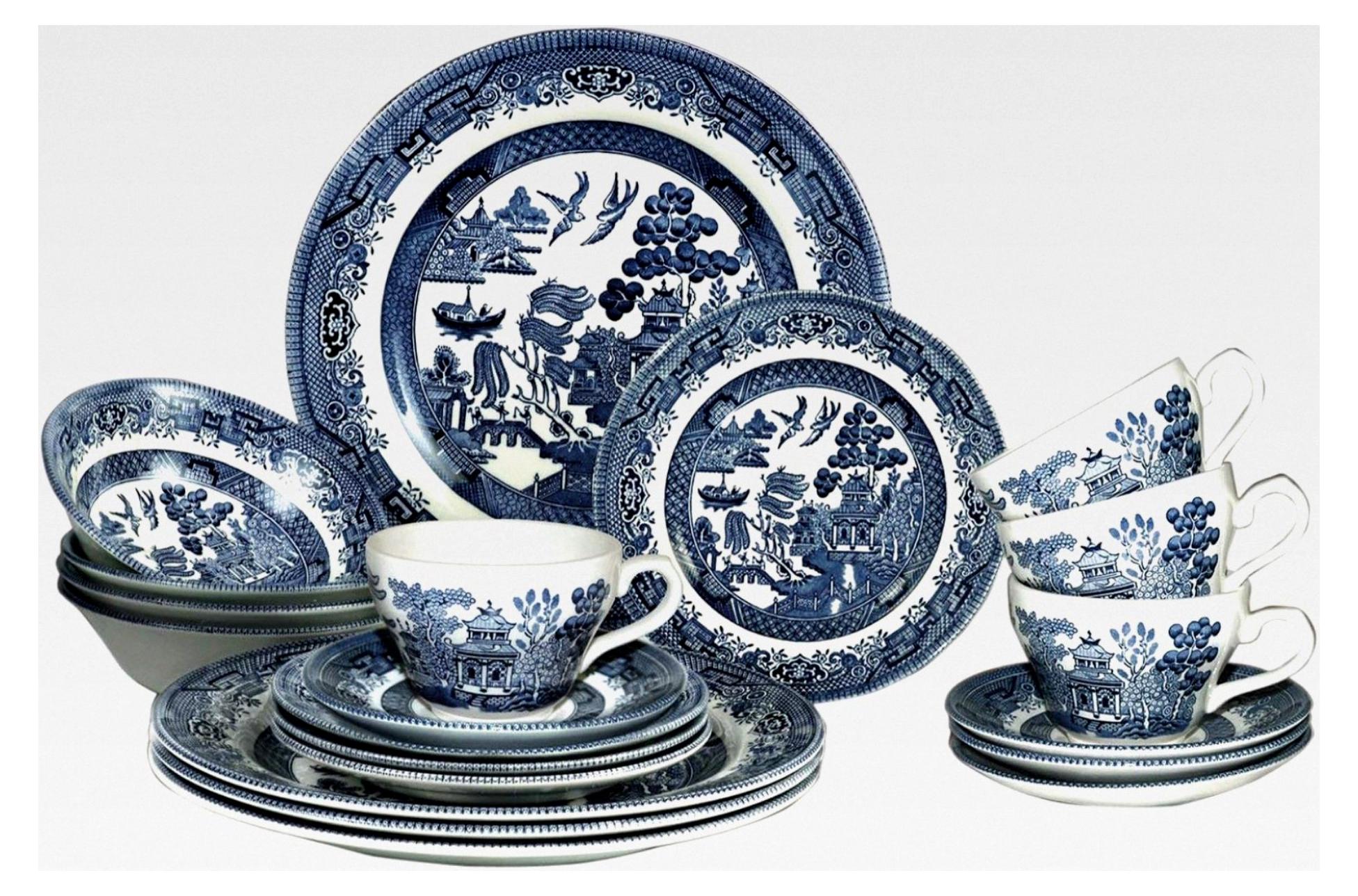 Geschirrset 20 Stück, Teller, Schüsseln und Tassen in Blauem Willow Design