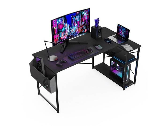 BEXEVUE Bureau Gaming 120x70cm Forme L Étagères Rangements Noir