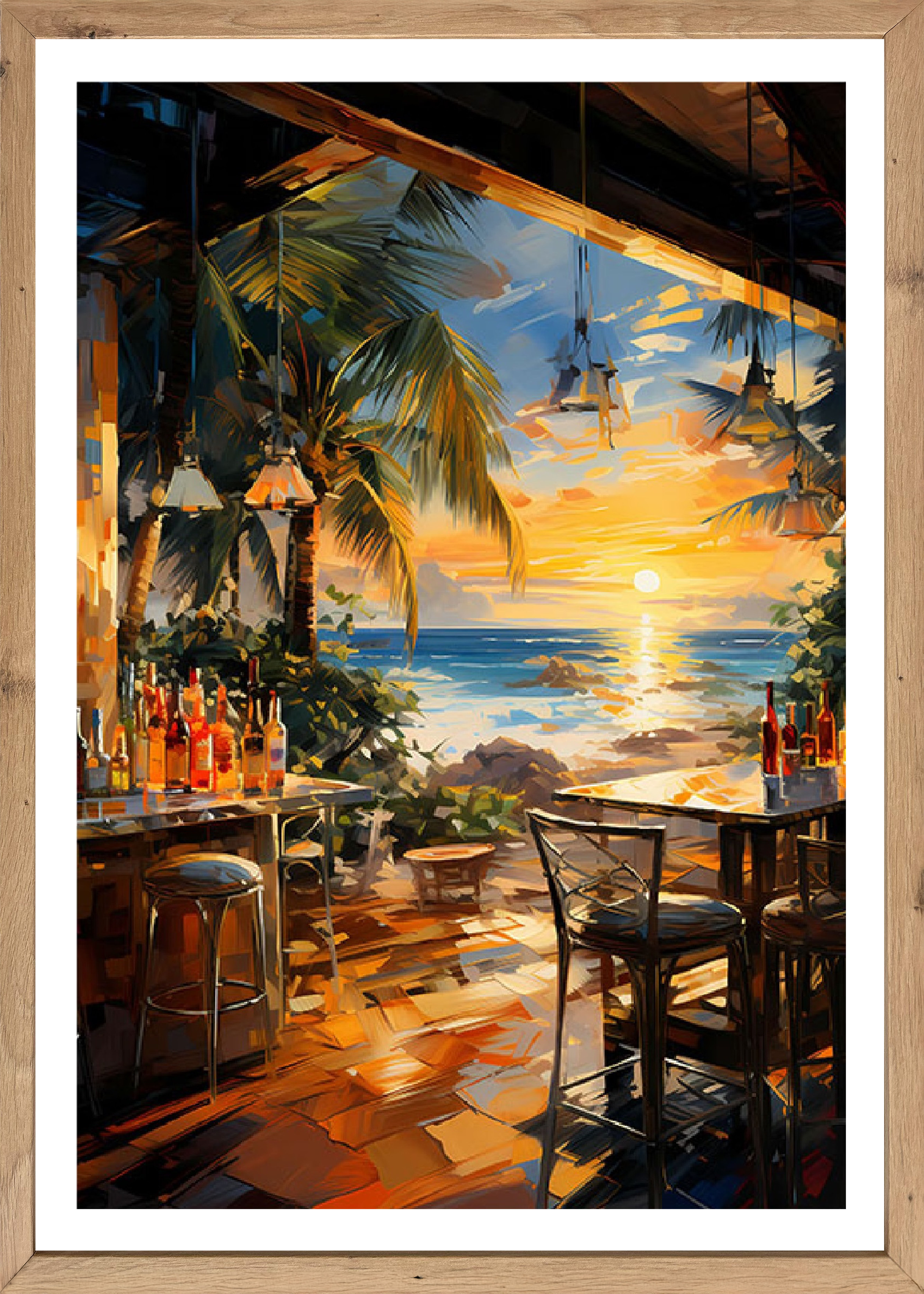 Bild mit Rahmen BÖNNINGHOFF "Wandbild gerahmt STRANDBAR 50x70 cm – Sommerliches Küstenmotiv mit", grün (farbe rahmen: artisan, farbe bild(er): grün, blau, rot, gelb, braun, orange), B:50cm H:70cm T:2,1cm, MDF, Papier, Bilder, Bild mit Rahmen, mit dekorati
