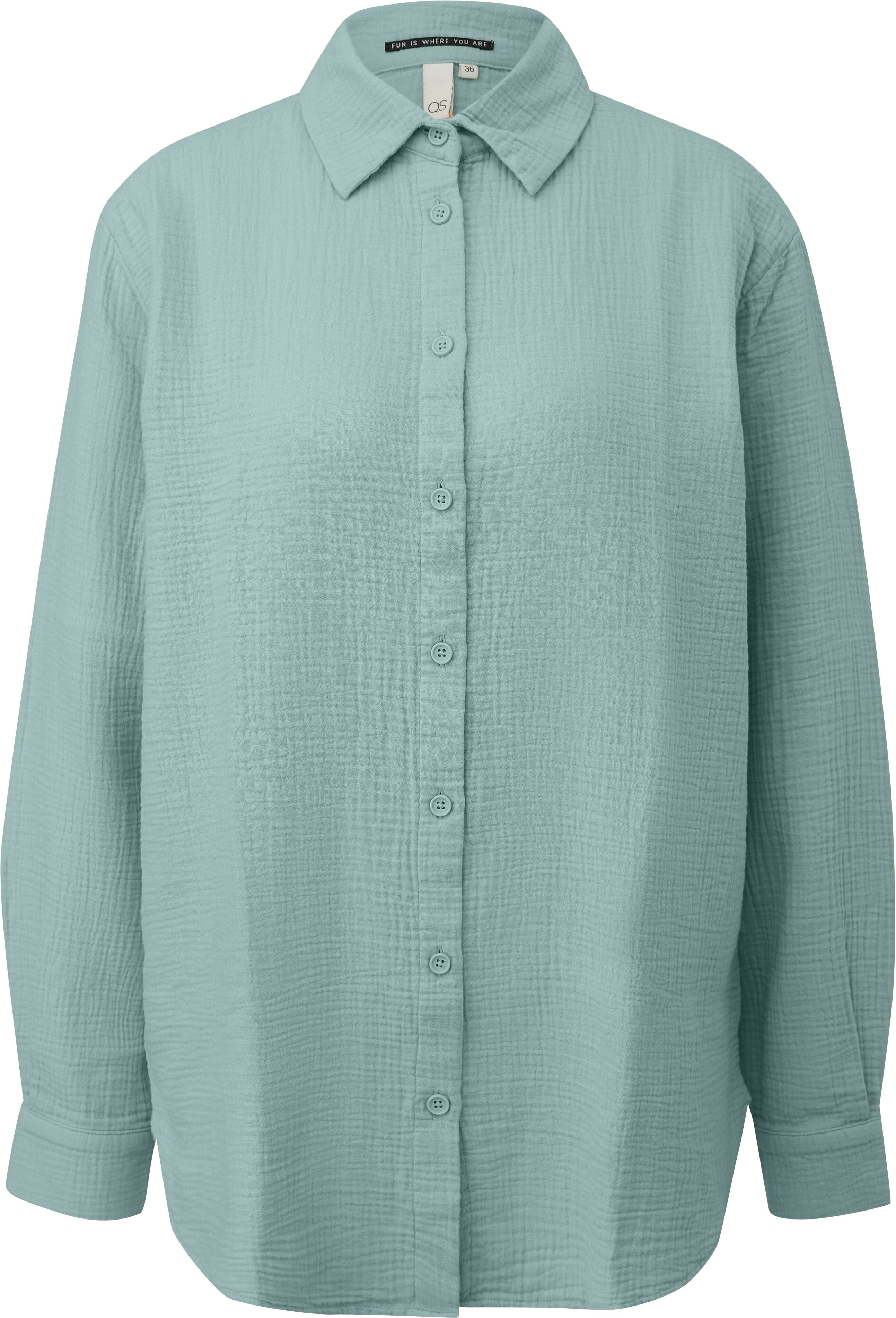 Langarmbluse QS, Damen, Gr. 40, blau (sage grün), Crash, Obermaterial: 100% Baumwolle, unifarben, lässig geschnitten Po-bedeckend, Rundhals, 1-Knopf-Manschette, Blusen Langarmbluse, Bluse extra lang, in Crashed-Optik sage grün 40