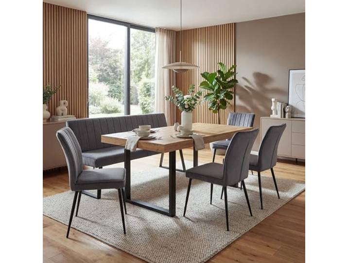 Mendler Esszimmer-Set HWC-K16AM Samt Metall - dunkelgrau 4er-Set, Stuhl+Sitzbank, Esszimmergruppe, Sitzgruppe, Esszimmergarnitur