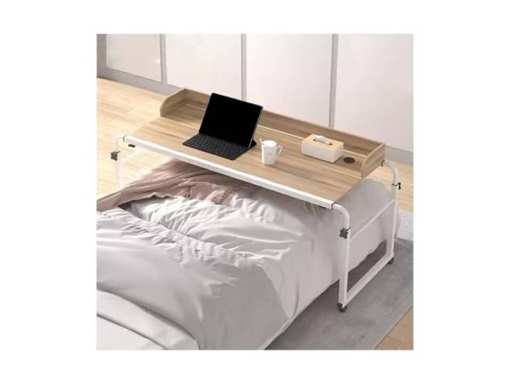 ENSDIEPLS Überbetttisch aus MDF-Stahl mit Rollen Weiß, Holz: Höhenverstellbarer Rollarbeitsplatz for das Essen am Nachttisch(Wood)