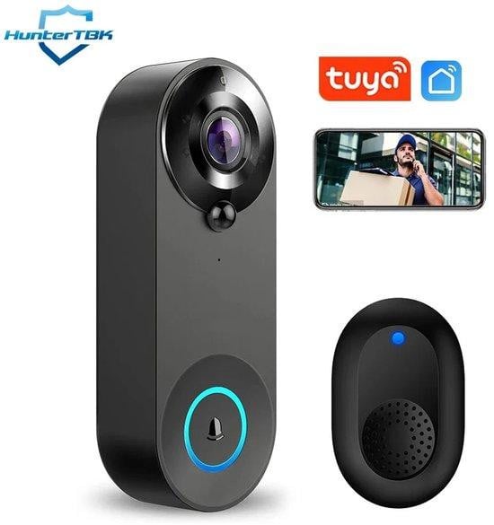 Bealive Draadloze slimme deurbel met camera en intercom, zwart, Breedte: 16 cm