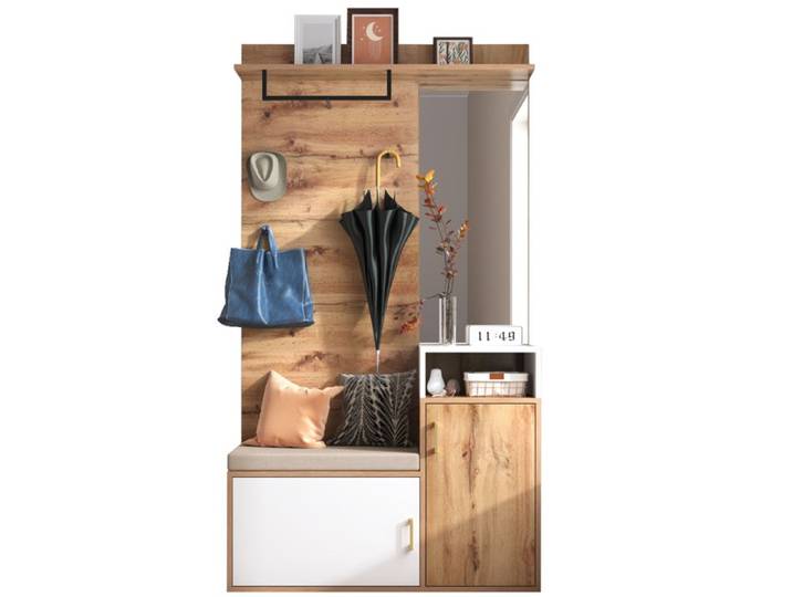 Meuble d'entrée vestiaire - Miroir Intégré - Banc rembourré - Rangement Multifonctionnel - 105x40x190.5cm - Élégant Blanc et Bois