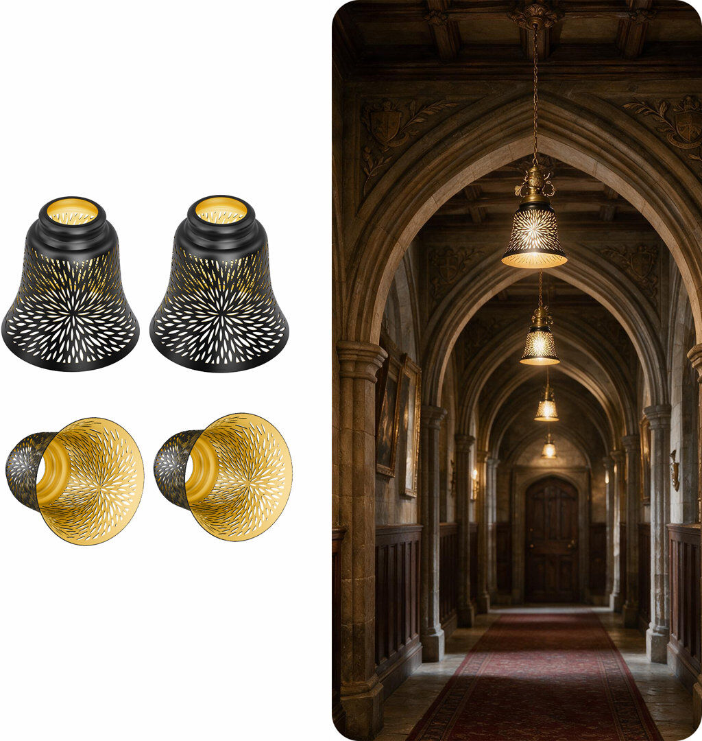 Happy Larry Ceiling Fan Replacement Globes, 4 Pack Chrysanthemum Pattern Fixture Replacement Globes Shades with 1-5/8" Fitter, ALUCSET 4.5" Height and 4-3/4" Diam Black 12.04cm H X 12.04cm W X 12.04cm D