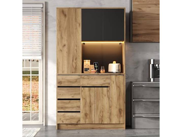 BTM Küchenschrank mit LED, Gewürzregal Küchen Cabinet Buffetschrank Hochschrank Aufbewahrungsschrank Sideboard Holzfarbe