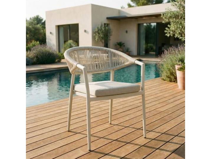 IDIMEX Gartenstühle SELI 6er Set, cremeweiß - Moderne Terrassenstühle aus Aluminium & Rope-Detail, wetterfester Balkonstuhl stapelbar mit Kissen für Garten Terrasse, Outdoor Möbel