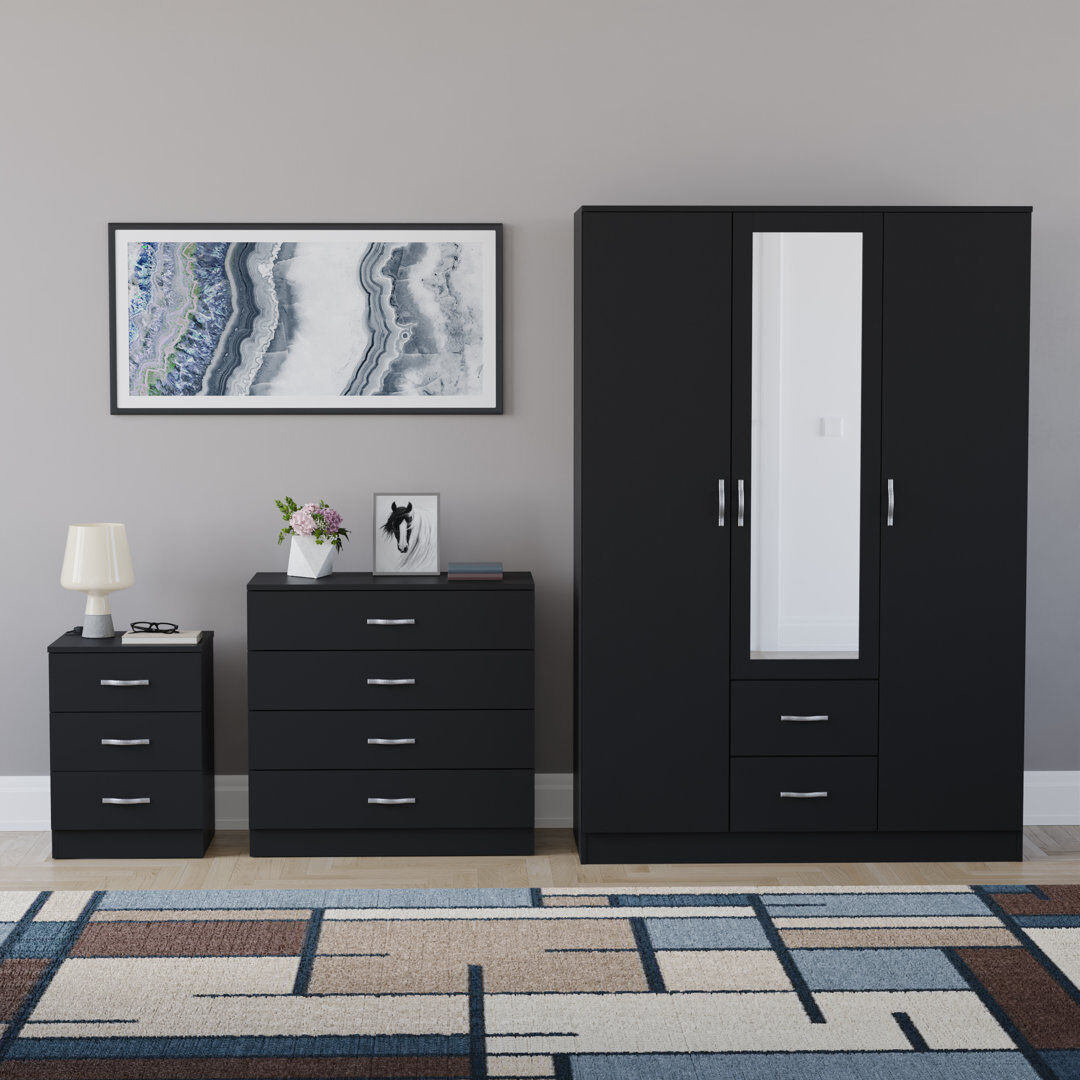 17 Stories Maybery 3 Piece Bedroom Set (3 Drawer Bedside Chest, 4 Drawer Chest, 3 Door 2 Drawer Mirrored Wardrobe), (5) Black