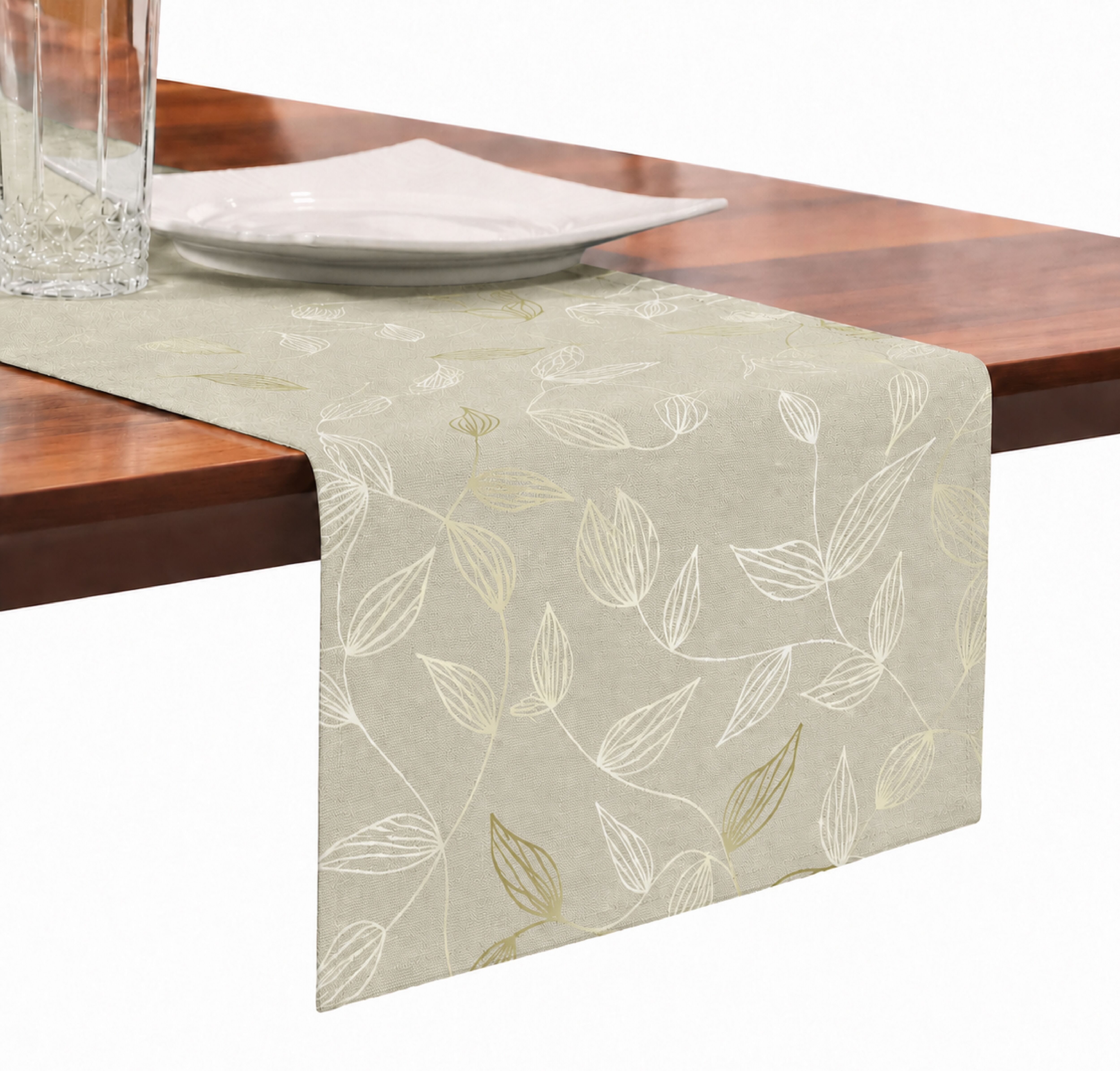 Tischläufer GOODPRODUCT "Raffon, 1 Stück, Leinenoptik, halbtransparent, Dekoration" Gr. 1, beige (taupe), B:140cm L:30cm, Polyester, Tischdecken, Tischläufer, Leinen Optik, Blattmotiv, Esszimmer, Deko, halbtransparent/blickdicht. taupe B/L: 140cm x 30cm, 