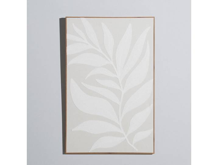 Beigefarbenes Leinwandbild mit weißem Blattmuster, 65 x 100