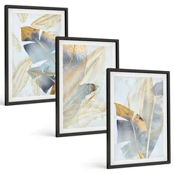 BILDER SET 3er Set - 40x60 cm Schwarzer Rahmen - Hellblau-beige Blätter