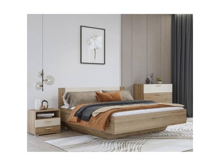 Lomadox Schlafzimmer Set Eiche mit beige Bettgestell 160x200 cm Liegefläche Nachtkommode Kommode Griffe goldfarben
