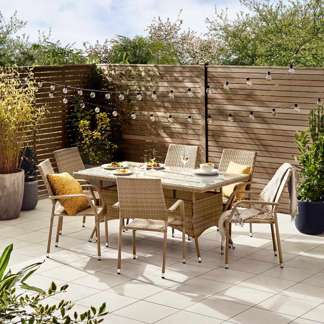 ClassicLiving Karren 6 Seater Garden Dining Set - PE Rattan & Tempered Glass Outdoor Set - Modern Gardens & Patios Beige 6