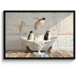 POSTER MIT RAHMEN Vintage - Pinguin - Badewanne - Schaumstoff 90x60 cm