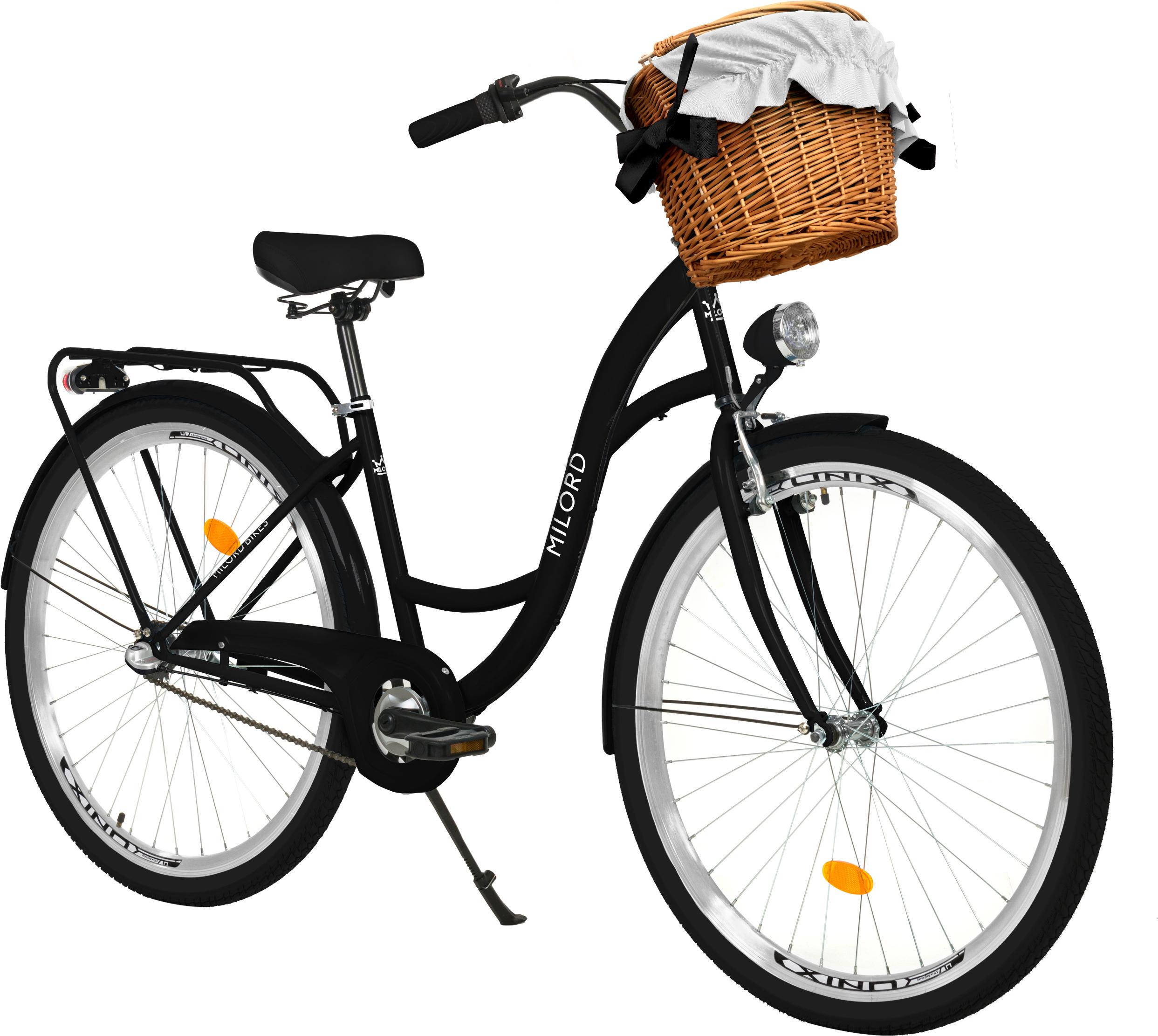 Milord Komfort Fahrrad Mit Weidenkorb Damenfahrrad, 26 Zoll, Schwarz, 3 Gang Shimano