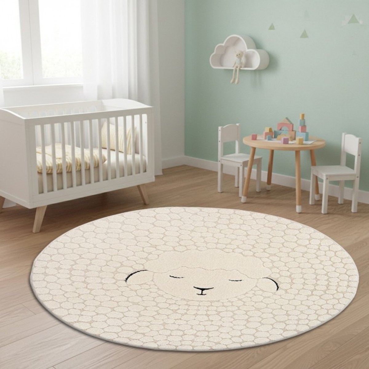 TapisTrend Kinderkleed Crème, Rond, met schapenmotief, Diameter: 120 cm