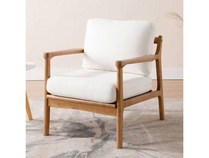 Wahson Fauteuil Salon Confortable Fauteuil Scandinave en Bois Fauteuil en Chenille Fauteuil Loisir Moderne pour Salon Beige