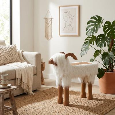 Sagebrook Home "Decorative Figurine - Faux Fur on Teak Wood Sheep - 29.25"""