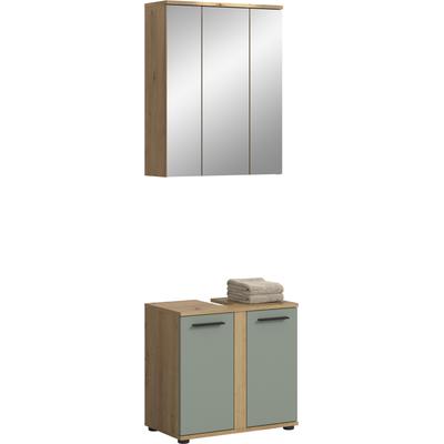 Badmöbel-Set WELLTIME "LUCCA, 2- teilig, Waschbeckenunterschrank, Spiegelschrank", grün (artisan eiche nachbildung, salbei), B:60cm H:191cm T:34cm, Holzwerkstoff, Kastenmöbel-Sets, Badmöbel-Set