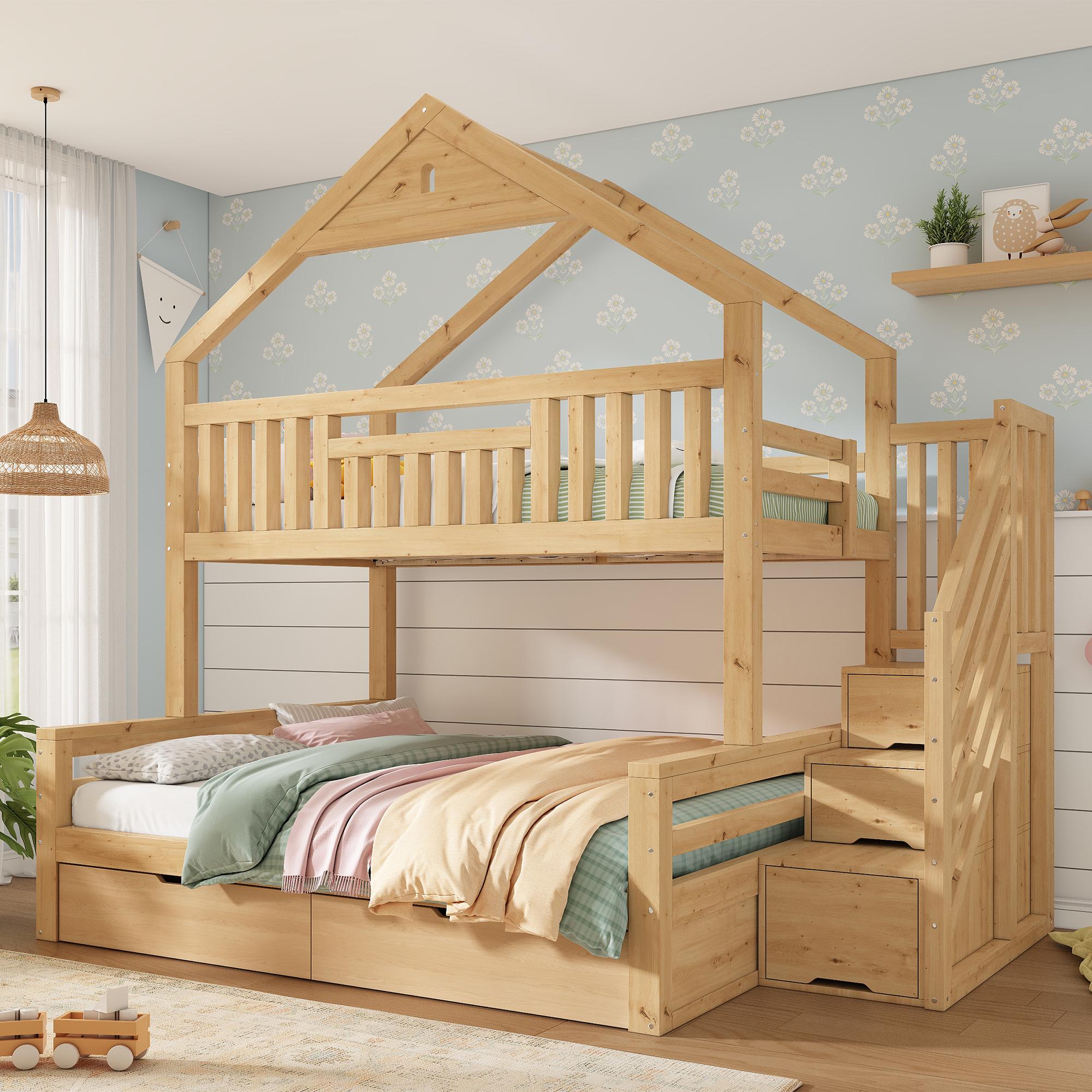 STILVORA Etagenbett 90x200 & 140x200 cm mit Treppe und 2 Schubladen, Hausbett mit Giebeldach, Kinderbett aus Holz nach EN 747, Eichefarben