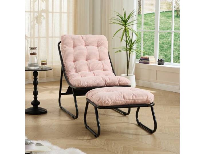 Fauteuil Jardin Rose 65x78x86cm inclinable Avec Repose-pieds Et Coussin Doux Structure Noire Confortable Salon Chambre Coin Lecture