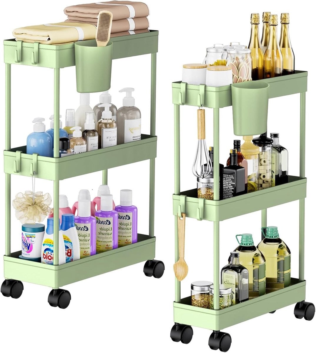 Mobiele Keuken Trolley op Wielen met 3 Niveaus - Lichtgewicht Organizer voor Speelgoed en Keukenaccessoires (Groen)